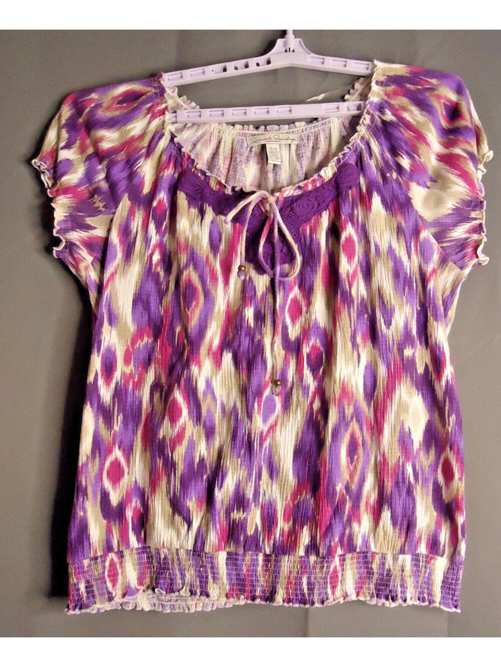 French Laundry Ikat Peasant Blouse Banded Trim Women 14/16 Purple/Cream Print